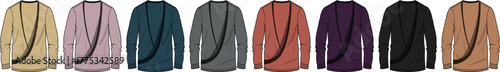 A colorful array of long-sleeved shirts displayed in various shades, each paired with a matching crossbody bag, illustrating a range of casual and comfortable fashion selections