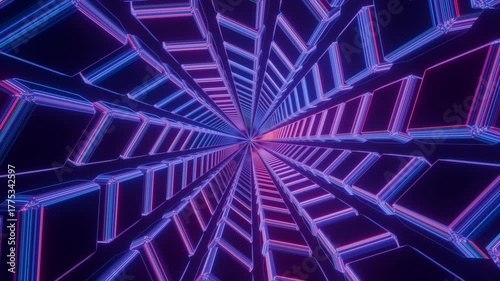 Abstract Neon Geometric Tunnel with Glowing Blue and Pink Lights in Seamless Loop.