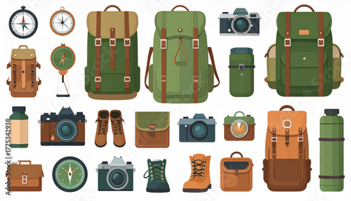 Flat Travel Essentials Icons: Compass, Backpack, Camera