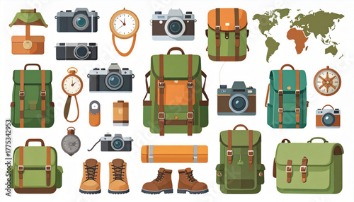Flat Travel Essentials Icons: Compass, Backpack, Camera