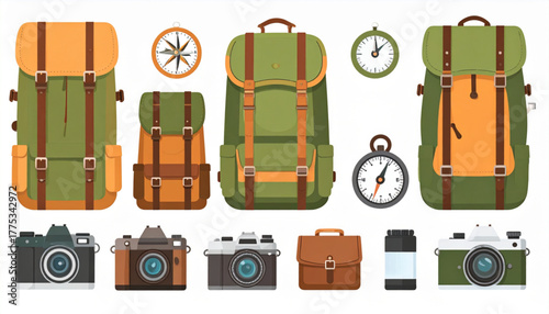 Flat Travel Essentials Icons: Compass, Backpack, Camera