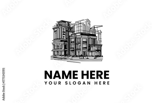 Hand-drawn city building illustration logo template for architecture and property development. 101