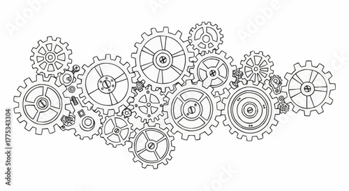 Intricate gear system design, showcasing a mechanical composition with interlocking cogs creating a connected mechanism. 
