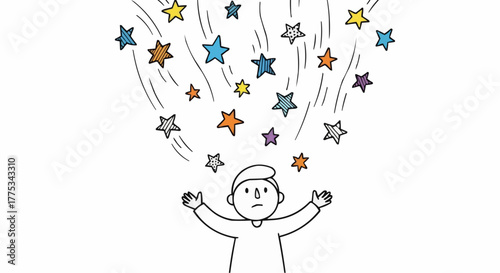 Under a starlit sky, a person looks up, arms raised, as if catching dreams or stardust from above. Colorful stars falling.