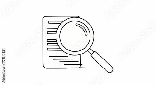 Magnifying glass resting on document with horizontal lines, concept of detailed analysis and meticulous review process.