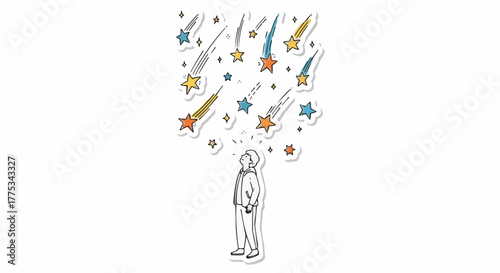 A person gazes at falling stars of varied colors, dreaming of possibilities in a clean, minimalist design.