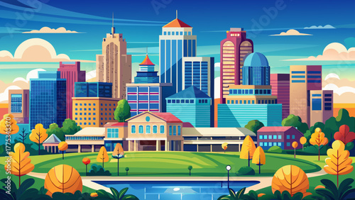 Very beautiful view of downtown Wichita, Kansas, USA, showcasing the city skyline with modern skyscrapers, historic buildings, and the vibrant urban landscape under a clear blue sky.