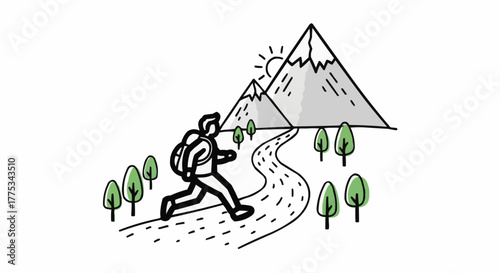 Man trekking towards Mountain.