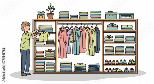 Organizing clothes in the closet.