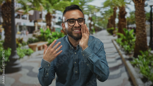 Man cupping hand to mouth on a palm lined street walkway, wearing denim shirt and glasses, smiling and pointing with other hand; communication joy.
