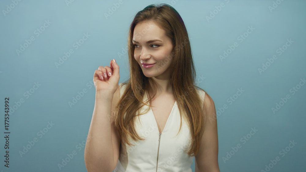 Fototapeta premium Young caucasian woman in white sleeveless top pressing finger to lips for silence in blue studio; serenity.
