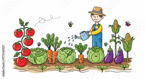 Farmer tending to vegetable garden.