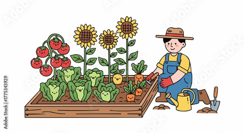 Gardener tending to a vibrant vegetable garden.