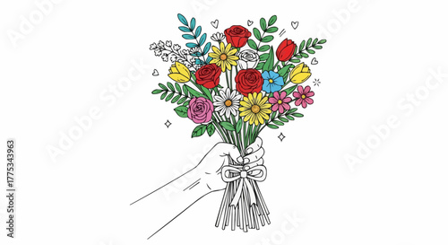 Hand holding a flower bouquet illustration.