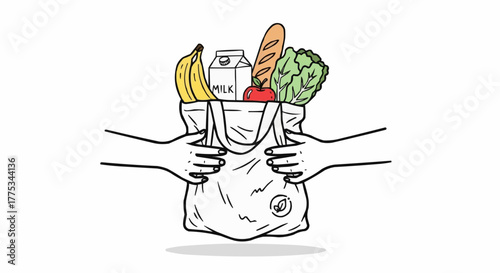 Hands exchanging a reusable bag filled with groceries, promoting sustainability and eco-friendly practices.
