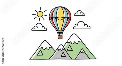 Scenic view of a hot air balloon adventure, sailing through a mountain range on a bright sunny day with clouds.