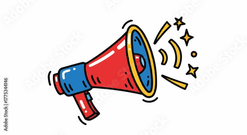 Retro-style red and blue megaphone emitting sound waves and stars, isolated on a white background, cartoon depiction.