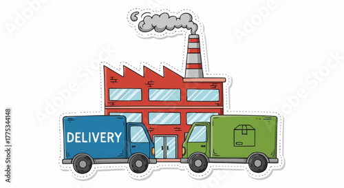 An animated image depicting a production plant with delivery trucks, symbolizing manufacturing and distribution process.
