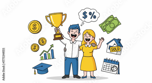 A man and a woman celebrating an achievement, surrounded by financial symbols, representing success and prosperity.
