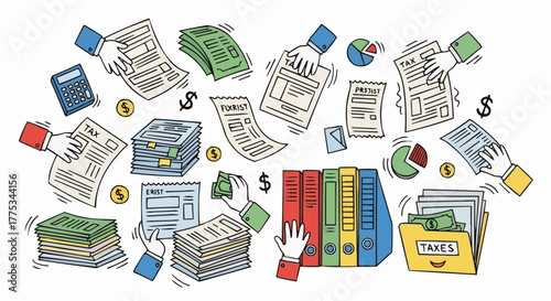 Organization of tax documents including receipts, records, and a calculator in a colorful flat lay design.