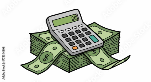Calculator and money with economic theme.