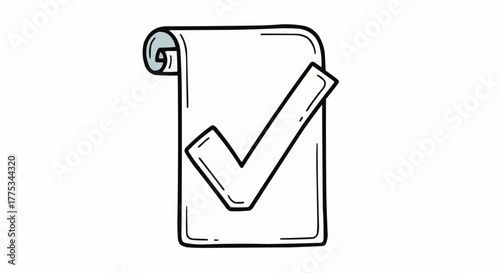 Checkmark symbol over paper scroll.