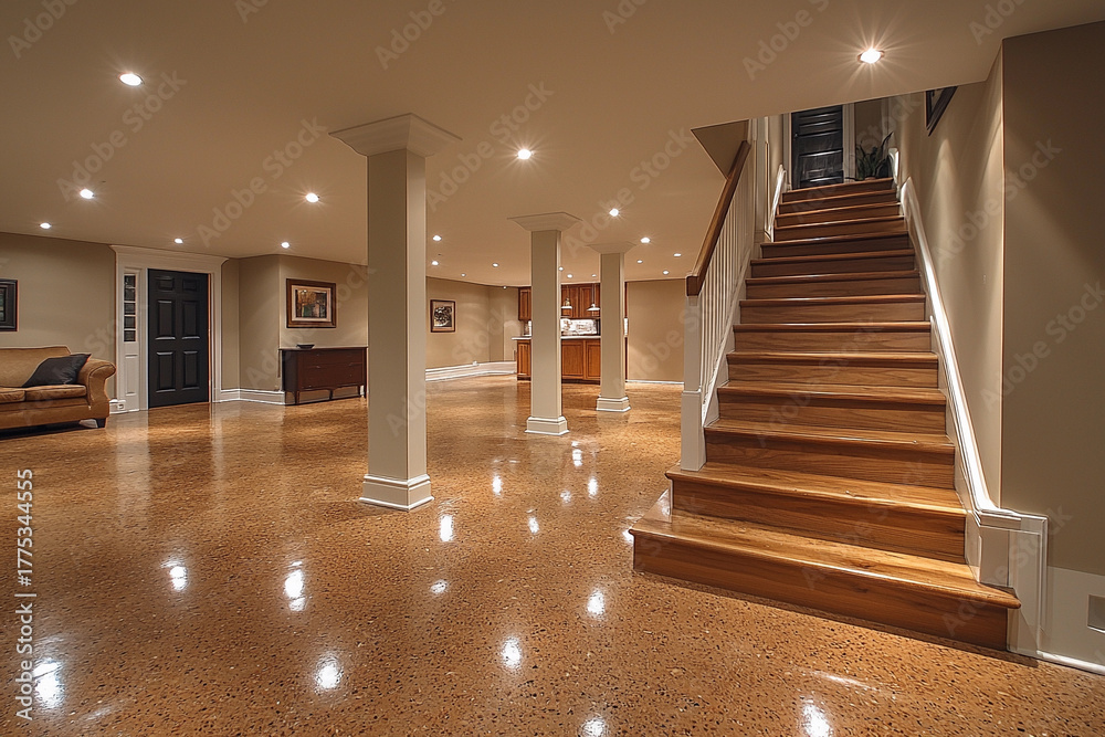 Obraz premium Spacious modern basement with bright lighting and wooden stairs Generative AI