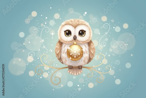 A cute owl holding a golden Christmas ornament in its beak. Festive winter holiday bird illustration. Whimsical character on a magical blue bokeh background