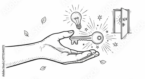 Hand holding a key unlocking idea.