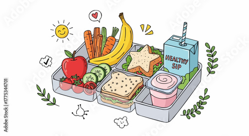 Cartoon lunchbox with fruits, veggies, and sandwiches.  A cute, healthy, and balanced meal packed with care and love.