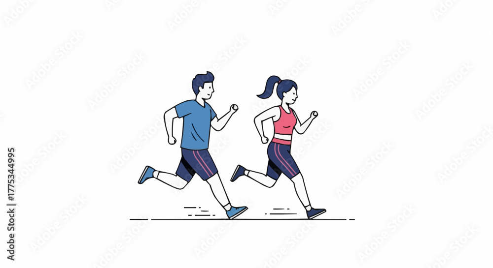 Obraz premium A drawn image shows a man and a woman running side by side, each depicted in active sportswear against a plain background.