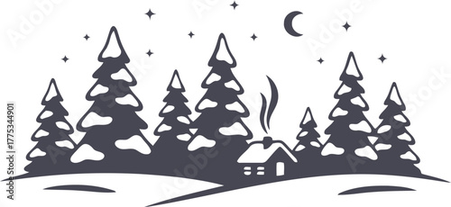 Moonlit Winter Forest Landscape with Cabin Silhouette Snowy Night Scene and Pine Trees Illustration