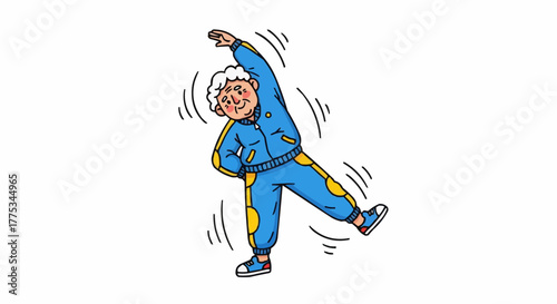An elderly woman in a blue tracksuit does stretches and exercises to stay healthy, vibrant, and active at any age.