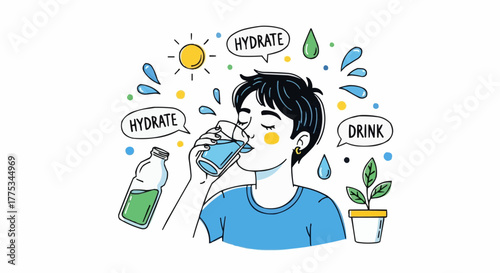 Man drinks a glass of water, illustrating hydration.