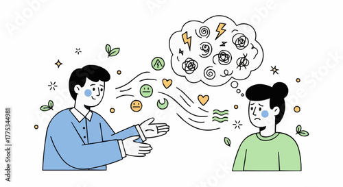 An empathetic person gives support with thoughts of calm and happiness to someone struggling with anxiety and stress.