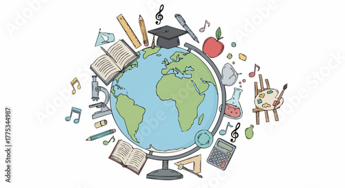 An image of a globe surrounded by school and study-related objects, representing learning and the world of education.