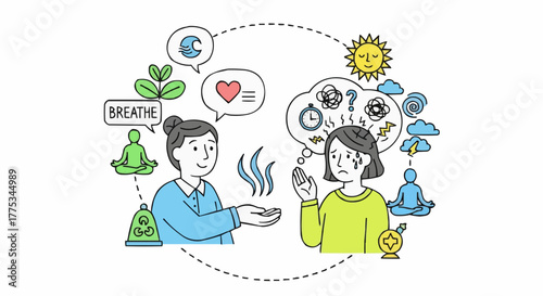 A helping hand offering mindfulness and meditation to a stressed individual, creating a calming environment around them.