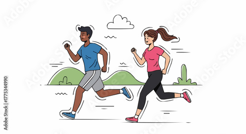 A man and woman enjoy running through a park, taking in the fresh air and scenic views together on a sunny day.