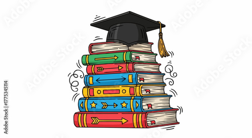Stacked Books with Graduation Cap