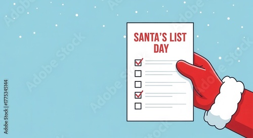 Santa's hand holding a Christmas checklist on Santa's List Day. Minimalist vector illustration of holiday preparation with copy space