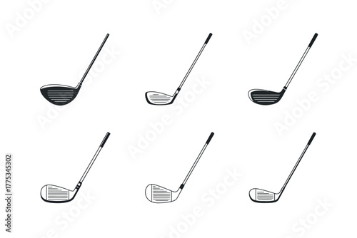 A collection of six different golf clubs are displayed against a white background.