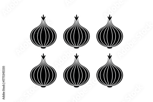 Six onions arranged in two rows on a white background.