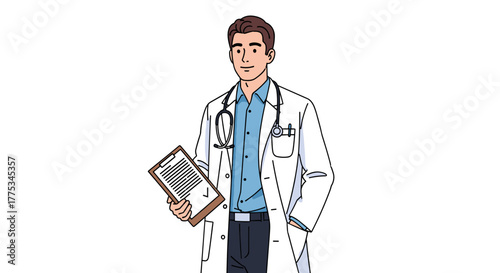 A confident doctor wearing a white coat and stethoscope, holding a patient's chart and standing against a plain background.