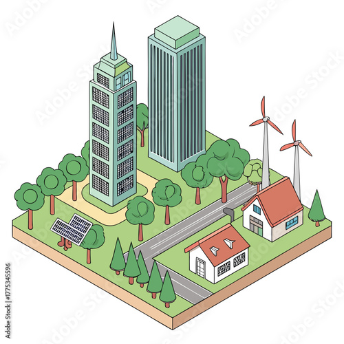 Eco-friendly modern city with trees, wind turbines, solar panels, isometric clean vector