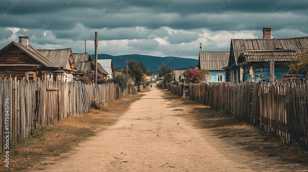 Obraz premium Quiet dirt road lined with rustic houses under a dramatic sky in a small village