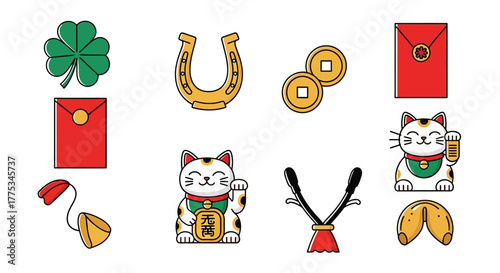 Collection of lucky charms and symbols, including a horseshoe, clover, and fortune cat.