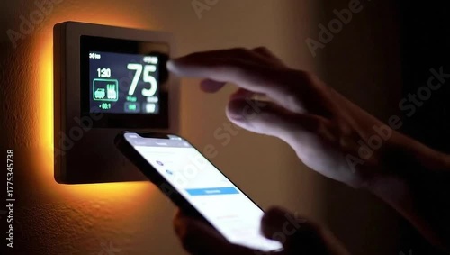 Person Adjusting Smart Home Thermostat Temperature With Smartphone App.