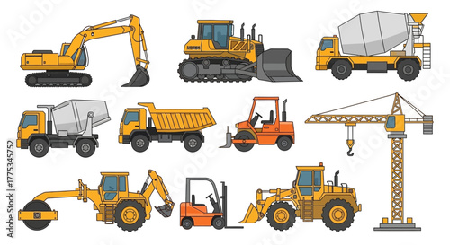 A collection of various construction vehicles and heavy machinery, including excavators, bulldozers, cement mixers, dump trucks, cranes, and forklifts.