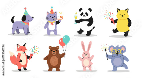 A collection of cute cartoon animals celebrating a party or New Year's Eve with hats, balloons, and sparklers.