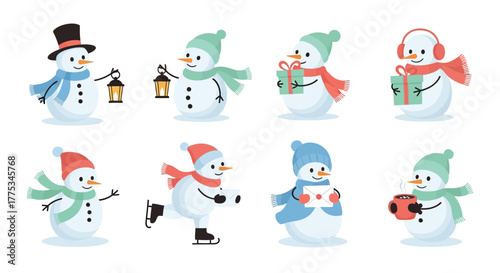 Collection of eight cheerful cartoon snowmen characters in various poses and with different winter accessories, celebrating the holiday season.